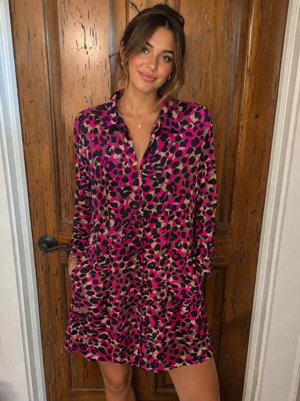 Anne Klein Pink Magenta Animal Print Button Front Dress Size M